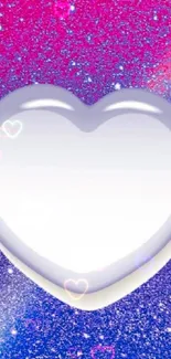 Glossy heart with pink and purple glitter background.