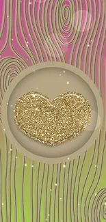 Glittery gold heart on colorful wood-patterned mobile background.