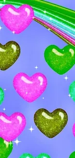 Colorful hearts glittering on blue wallpaper.