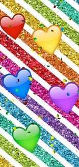 Colorful wallpaper with glitter stripes and heart emojis.