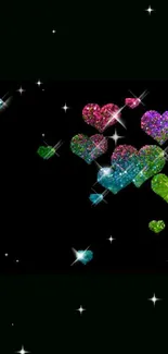 Colorful glitter heart pattern on black background wallpaper.