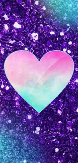 Colorful heart on purple glitter background.