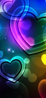 Colorful wallpaper with glowing hearts on a blue background.