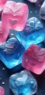 Pink and blue heart-shaped ice cubes on a dark background.