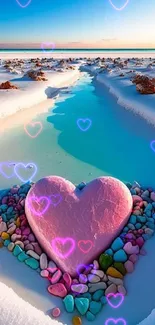 Heart made of colorful stones on icy lake with snow and vibrant gems.