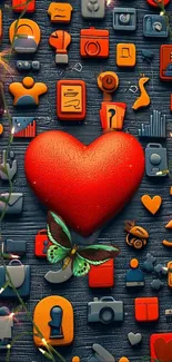 Colorful icons and red heart with butterfly on wallpaper.