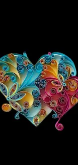 Colorful heart illustration with swirls on a black background.