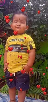 Playful child with red hearts background on a green leafy wall.