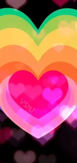 Colorful layered hearts with neon theme wallpaper.