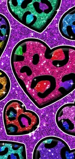 Colorful glitter leopard print hearts on purple background.