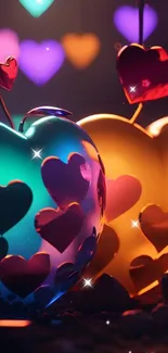 Colorful heart-lit mobile wallpaper with glowing hearts and vibrant colors.