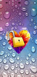 Colorful heart and lock on dew drop background wallpaper.