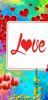 Vibrant love wallpaper with hearts and flowers.