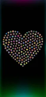 Vibrant heart-shaped design with colorful crystals on black background.