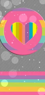 Vibrant mobile wallpaper with a colorful heart and rainbow stripes.