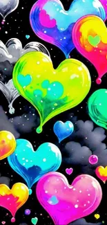 Colorful hearts on a dark mobile wallpaper background.