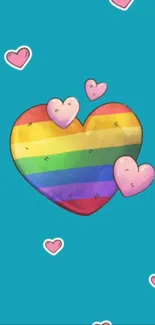 Rainbow heart and pink hearts on teal background wallpaper.