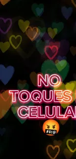 Colorful heart wallpaper with neon text overlay.