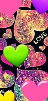 Vibrant mobile wallpaper with colorful glittery hearts.