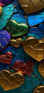 Vibrant heart mosaic wallpaper with multicolored glass.
