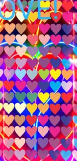 Vibrant neon hearts and the word LOVE in colorful design.