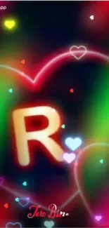 Neon heart mobile wallpaper with vibrant colors and letter R design.