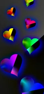 Mobile wallpaper with neon gradient hearts on a dark background.