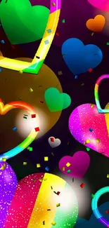 Neon hearts wallpaper with colorful stripes.