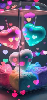 Colorful neon hearts in glass display glowing vibrantly.