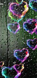 Vibrant neon hearts on a dark green background wallpaper.