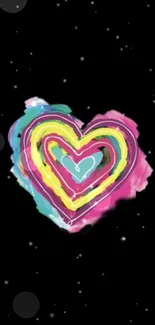 Colorful heart design on a black background mobile wallpaper.