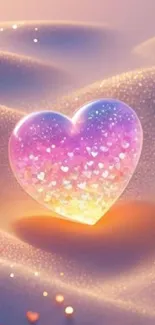Colorful heart ornament on shimmering sand.