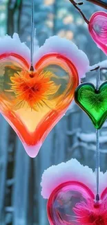 Colorful heart-shaped glass ornaments in snow.