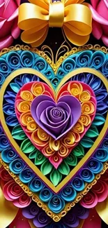 Intricate colorful heart-shaped paper art design for wallpaper.