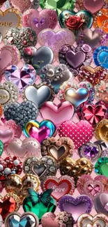 Vibrant colorful heart pattern wallpaper with love theme.