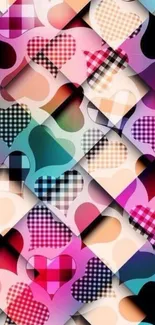 Multicolored geometric heart pattern wallpaper.