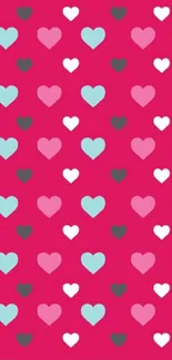 Vibrant red wallpaper with colorful hearts