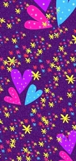 Colorful wallpaper with hearts and stars on a purple background.