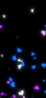 Neon hearts scatter across a black background.