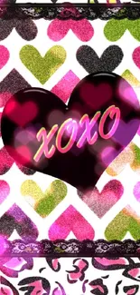 Colorful heart pattern wallpaper with XOXO.