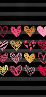 Colorful hearts on a dark striped background, creating an artistic mobile wallpaper.