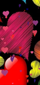 Colorful hearts on black background wallpaper.