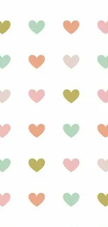 Pattern of colorful hearts on white background, perfect for mobile wallpaper.