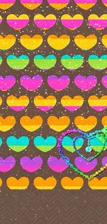 Colorful heart pattern wallpaper with vibrant purple, yellow, and orange hues.