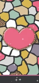 Pink heart on colorful mosaic background with leopard print accents.