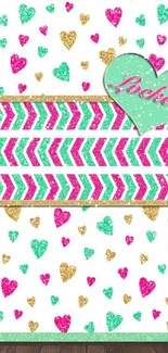 Vibrant wallpaper with glitter hearts and chevron pattern.