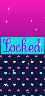 Colorful heart pattern wallpaper with 'Locked' text on pink and navy background.