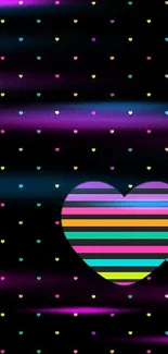 Colorful striped heart with dotted pattern on black background.