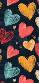 Colorful heart pattern wallpaper with dark background.