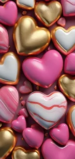 Colorful hearts featuring pink, gold, and white accents in artistic pattern.
